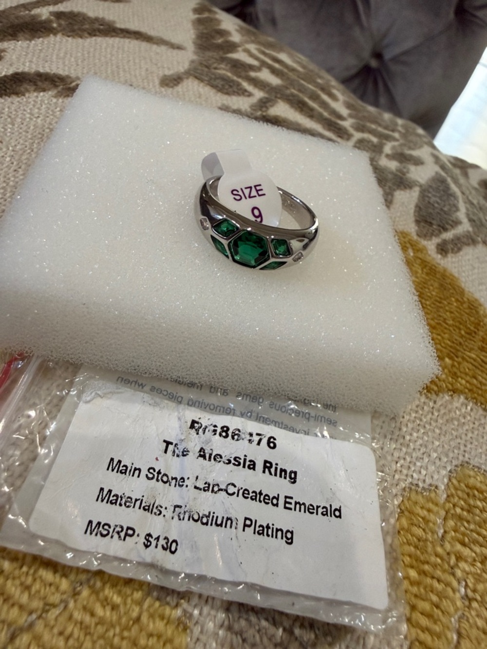 Alessia Silver-Tone Ring with Green Emeralds - Size 9